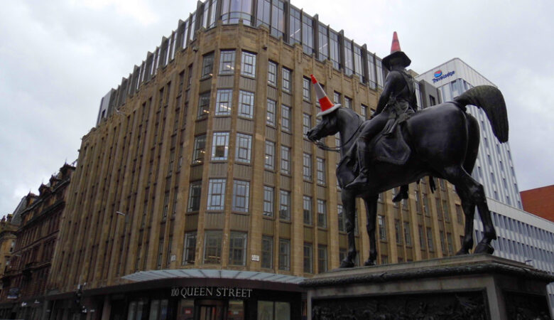 Duke Of Wellington statue with two traffic cones, Queen Street, Glasgow, Scotland