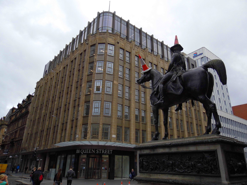 Duke Of Wellington statue with two traffic cones, Queen Street, Glasgow, Scotland
