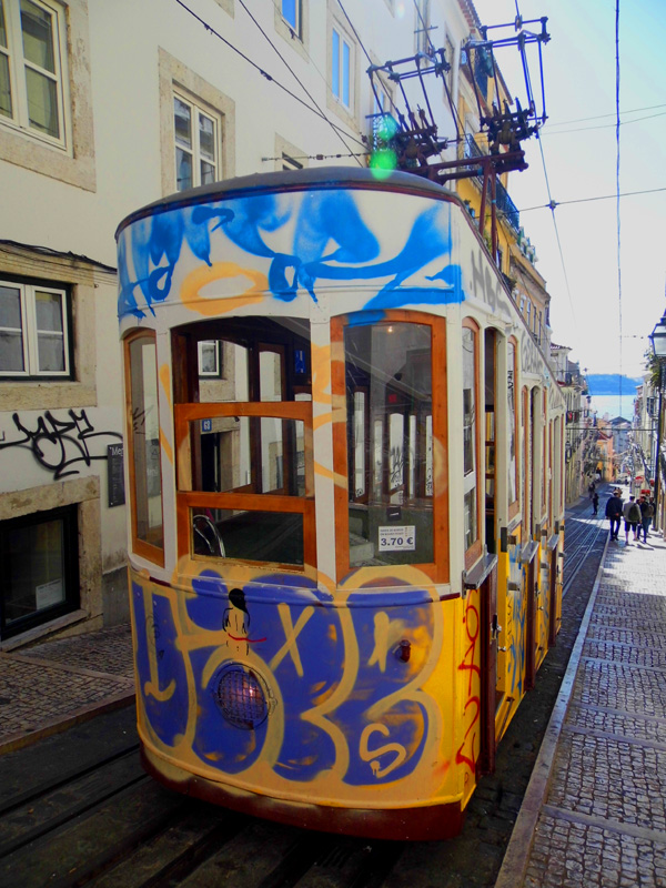 Elevador da Bica, painted tram, Lisbon, Portugal