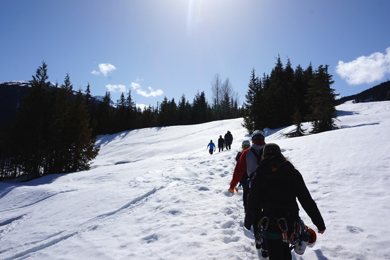 Hiking to the first zipline in the snow, Whistler, Canada