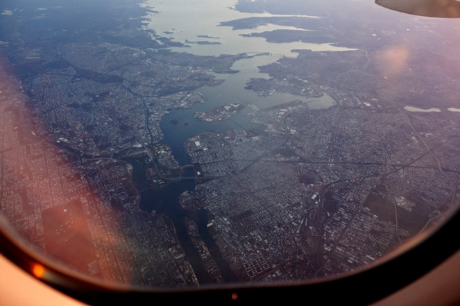 New York City from flight above, plane views, USA