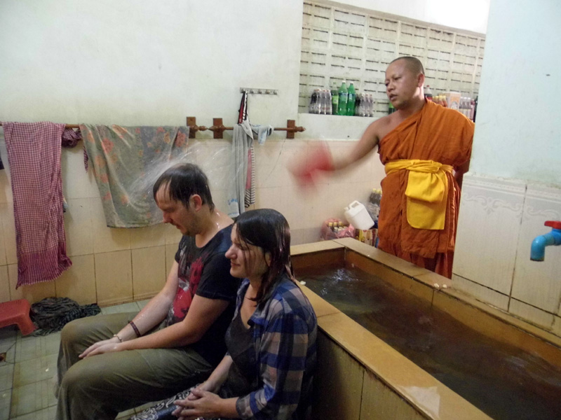 Water blessing at a temple, Siem Reap, Cambodia