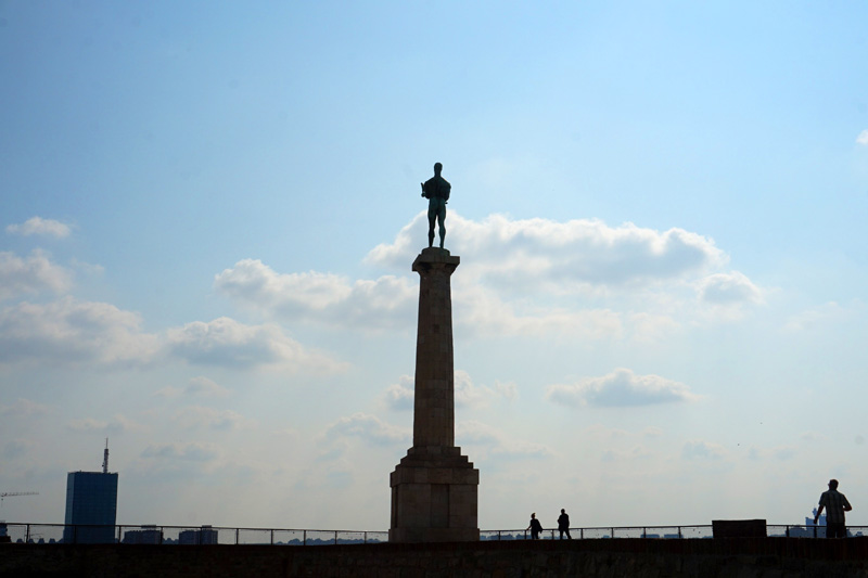 Naked man Pobednik statue, Belgrade, Serbia