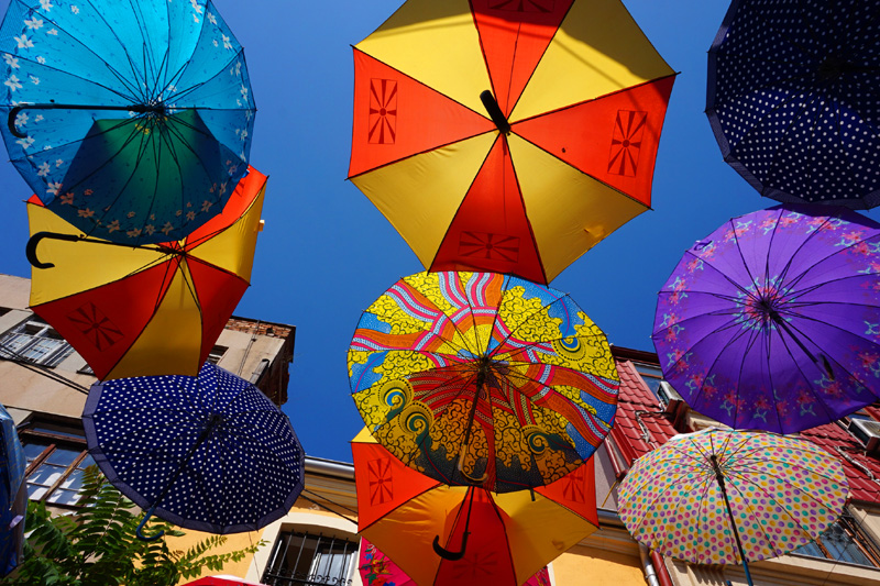 Umbrellas above the street, Skopje, North Macedonia