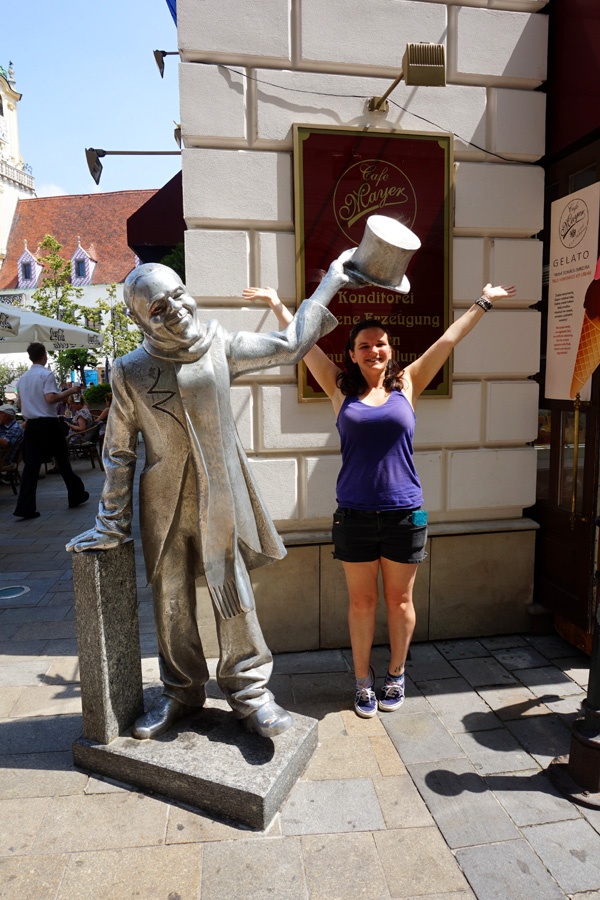Statue holding a hat over my head, Bratislava, Slovakia