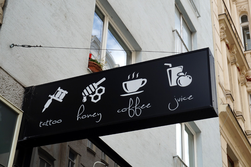 Tattoo, honey, coffee, juice sign, Vienna, Austria