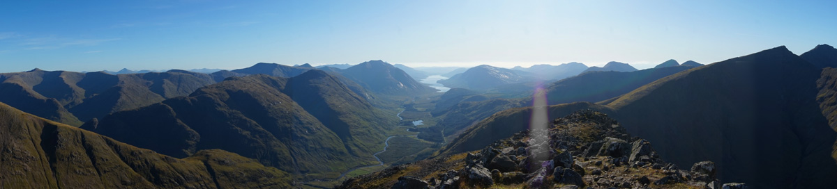 Buachaille Etive Beag hike, view from the summit down Glen Etive to Loch Etive, Scotland