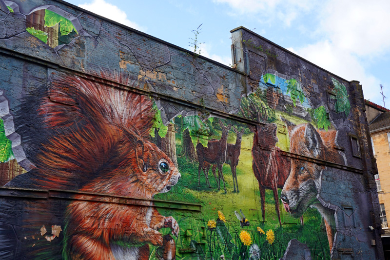 Squirrel & fox mural street art, Glasgow, Scotland
