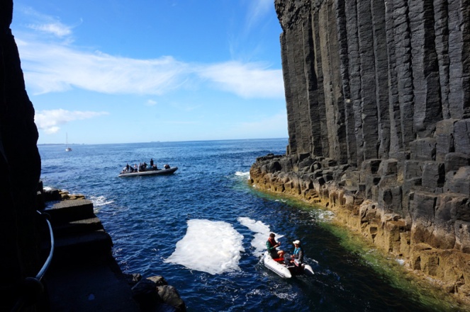 Fingal's Cave, Staffa, Scotland. I think Princess Anne might be on the larger dinghy!