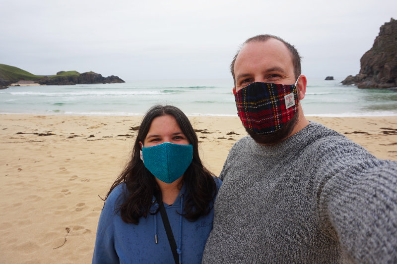 Ash & I showing off our Harris Tweed masks at Mangersta beach, Isle Of Lewis, Scotland