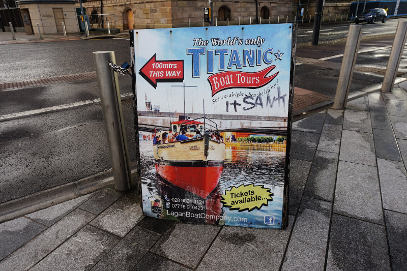 Titanic boat tour sign saying "it sank", Belfast, Northern Ireland