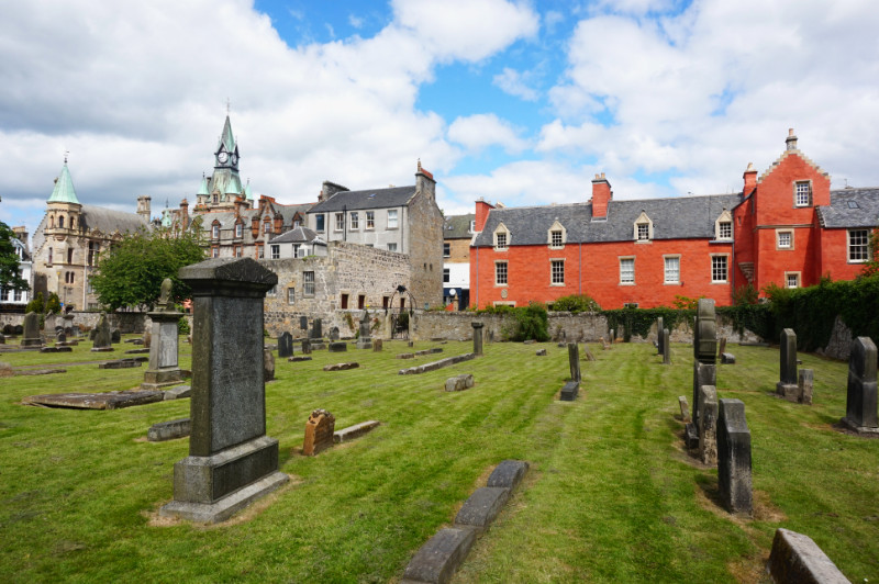View from the kirkyard to the town centre with Abbot House, Dunfermline Abbey, Dunfermline, Fife, Scotland