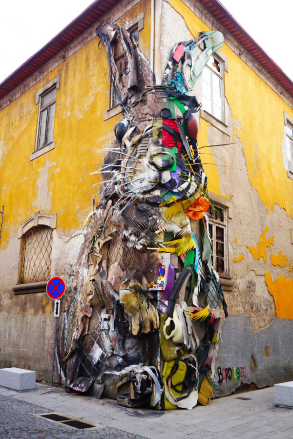 Rabbit street art made of recycled materials, Porto, Portugal