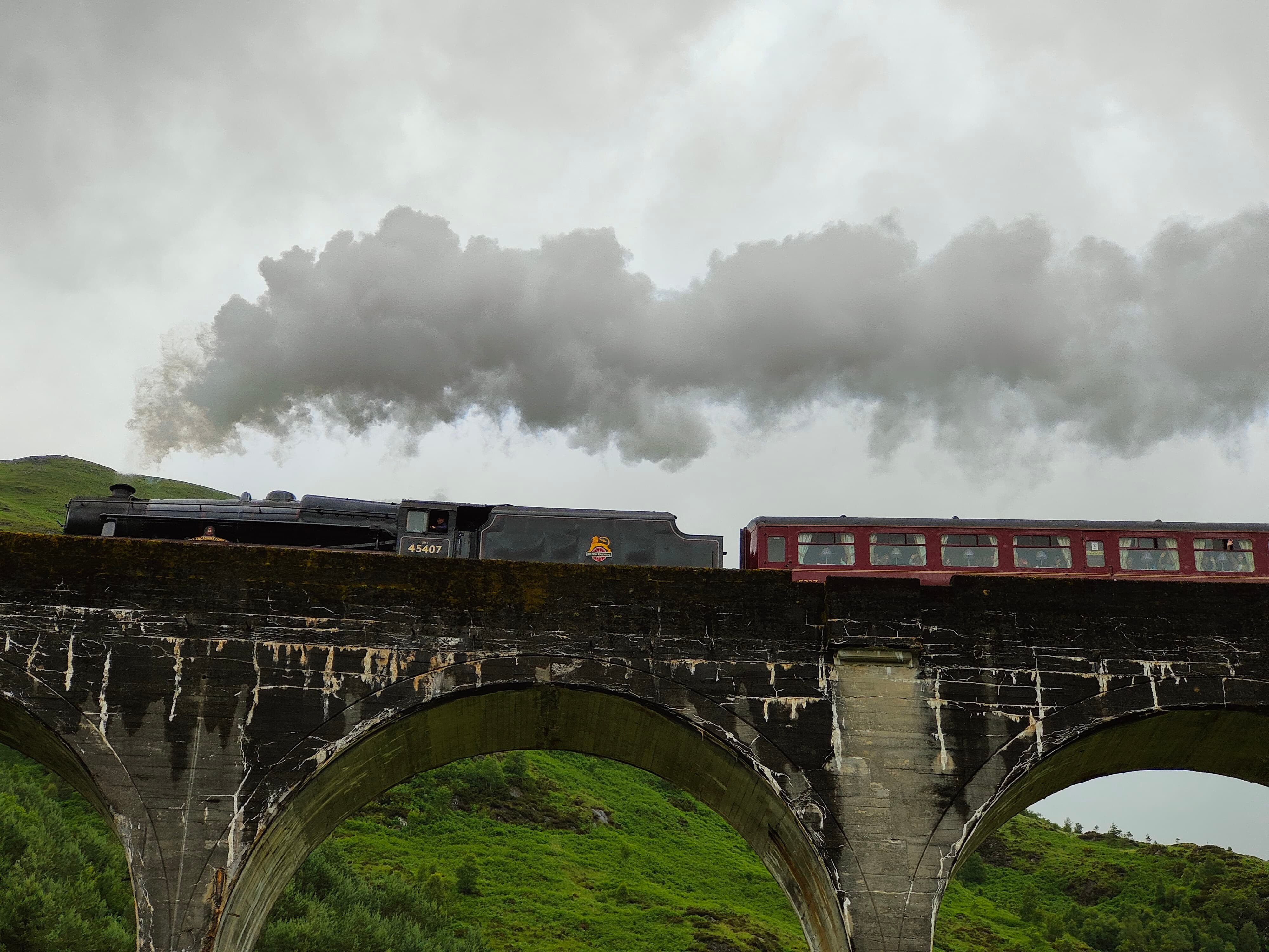 Harry Potter train from below the Glenfinnan viaduct, Scotland