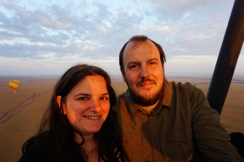 Us in a hot air balloon at sunrise, Maasai Mara, Kenya