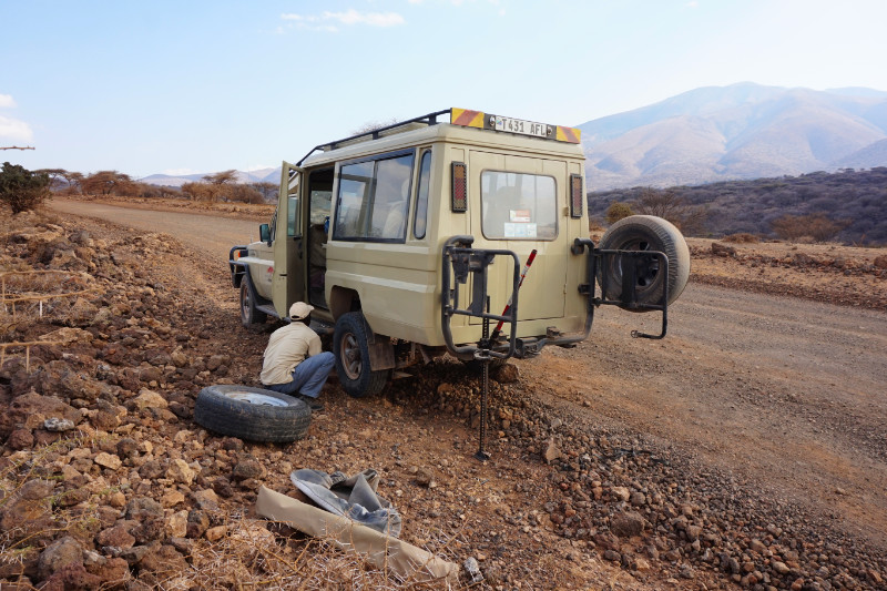 Puncture on safari, Tanzania