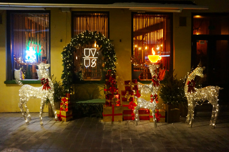 Christmas decorations outside a cafe, Kaunas, Lithuania