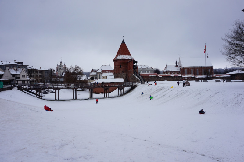 Sledging by Kaunas Castle, Kaunas, Lithuania