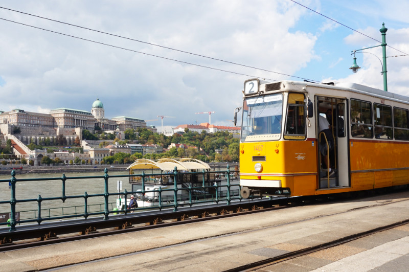 Looking towards Buda Castle with a tram in the foreground. Budapest, Hungary