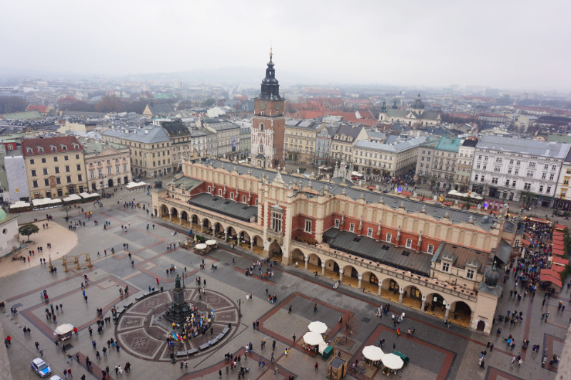 View of the main square & cloth hall from St Mary's Basilica, Krakow, Poland