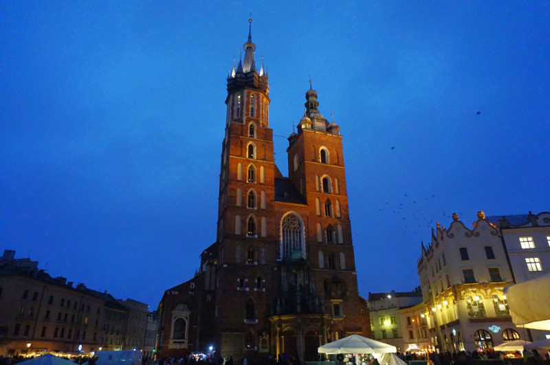 Krakow town square with St Mary's Basilica, Krakow, Poland