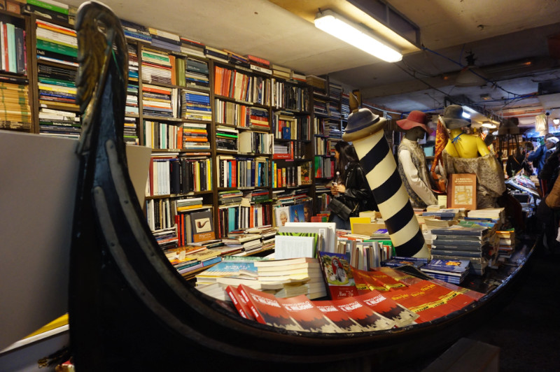 The gondola boat in Libreria Acqua Alta, Venice, Italy