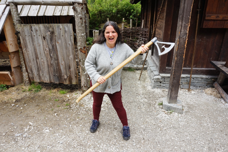 Brandishing an axe in Viking Village, Gudvangen, Norway