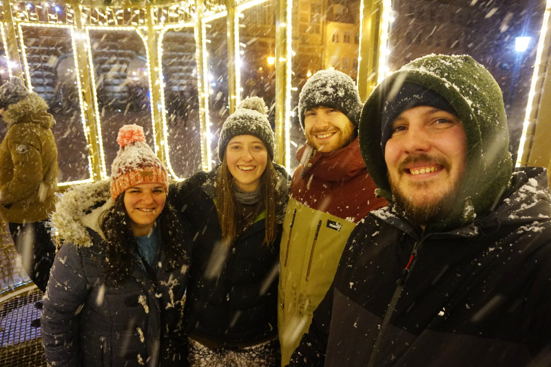 On a snowy light-up tram, Gdansk, Poland