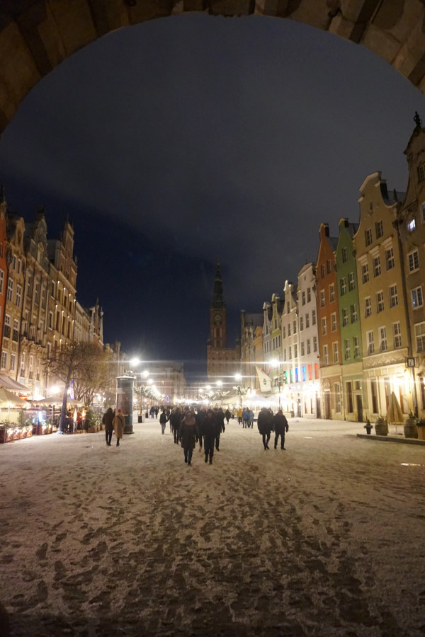 Snow at night in Gdansk, Poland