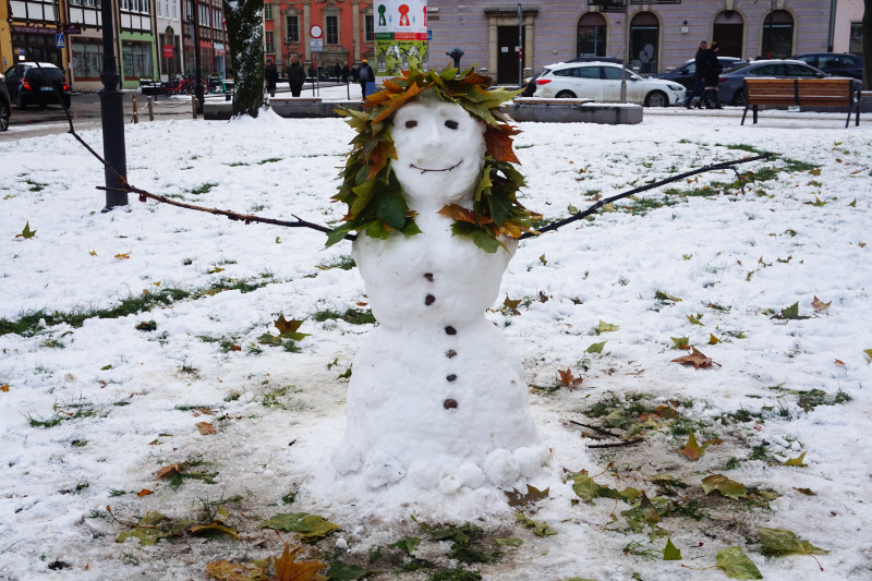 Snowman (or snowlady) with leafy hair and very long twig arms in Gdansk, Poland