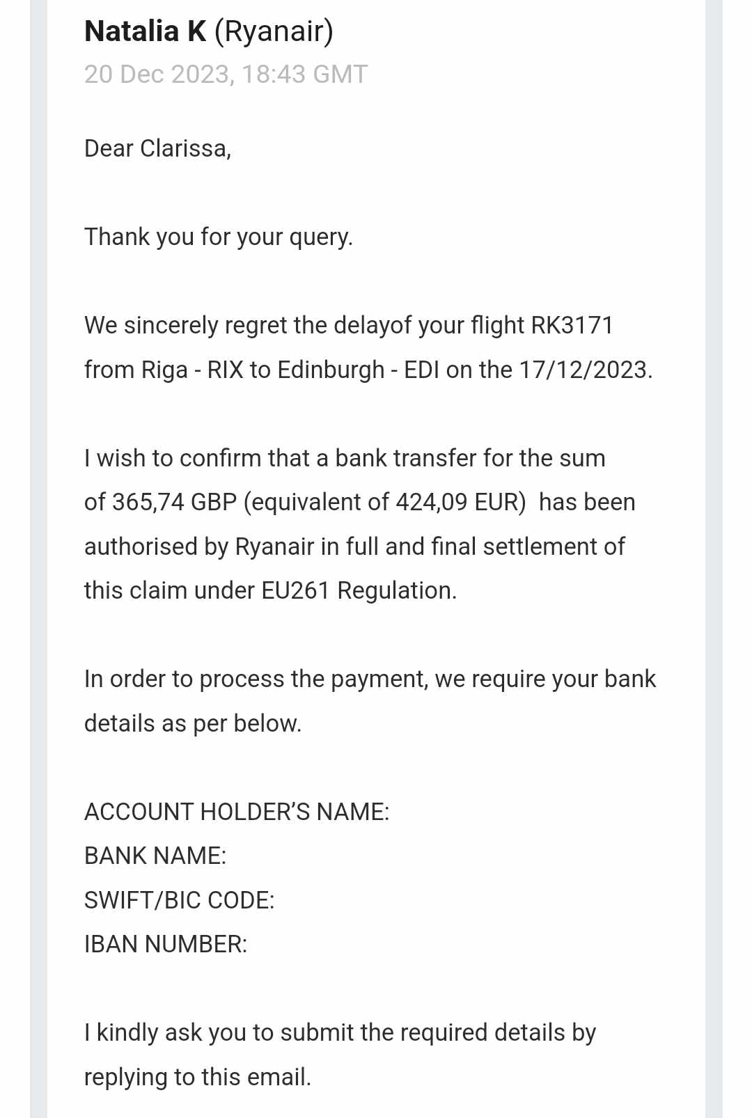 Ryanair compensation email