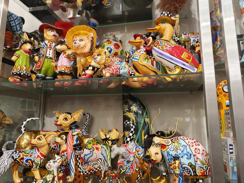 Quirky gift shop, Riga, Latvia. Lots of fun coloured figurines of ducks, cats and other animals.