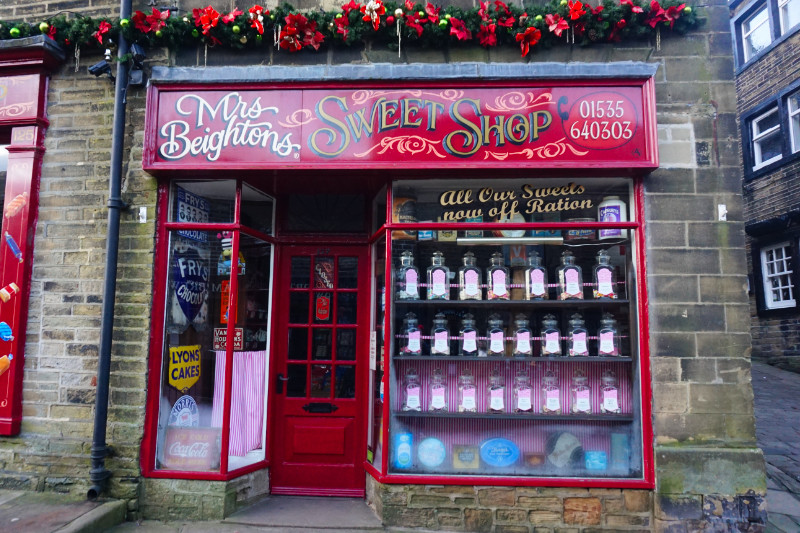 Shop front for Mrs Beighton's Sweet Shop, Haworth, Yorkshire