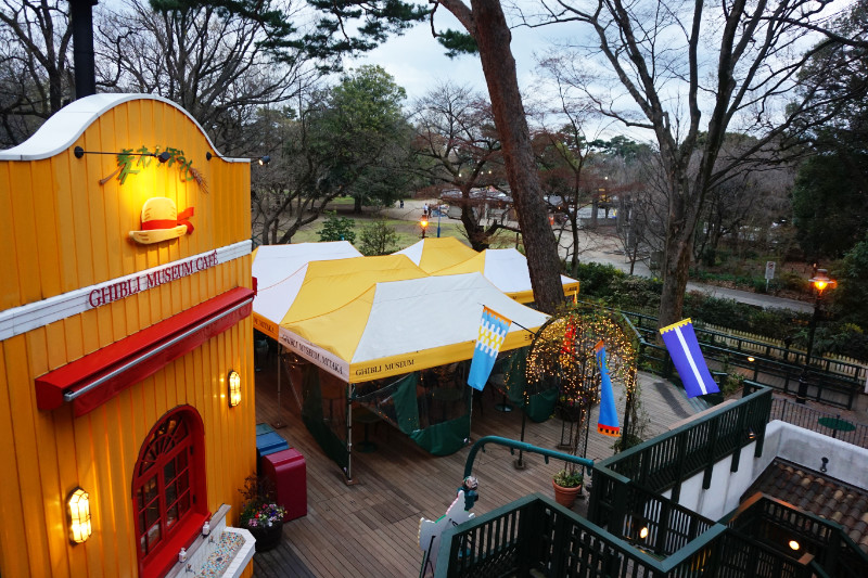 Outside the Ghibli Museum, view over the Straw Hat Cafe, Tokyo, Japan