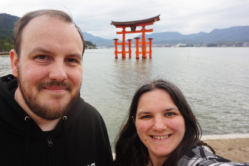 Ash & I with Itsukushima shrine torii gate on Miyajima Island, Japan