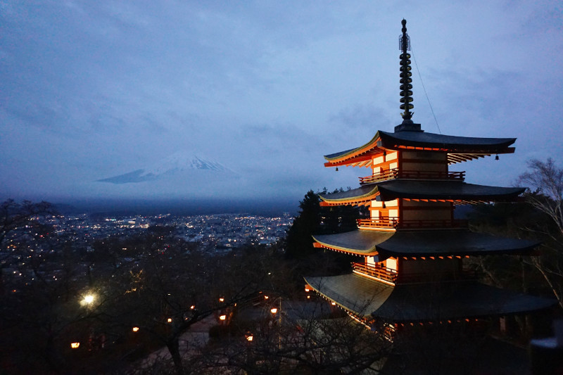 Mount Fuji from Chureito Pagoda at night, Japan
