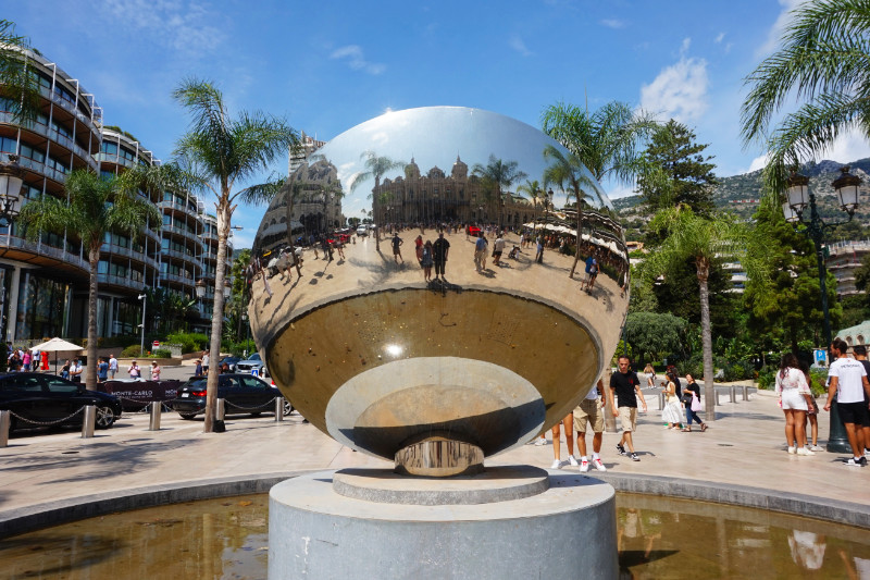 Monte Carlo casino, Monaco. A mirror shows us standing in front of the casino.