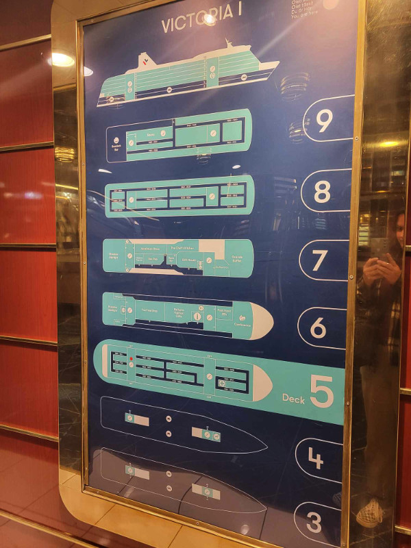 Deck information board on Victoria I from Helsinki to Tallinn ferry cruise. There are 9 decks.