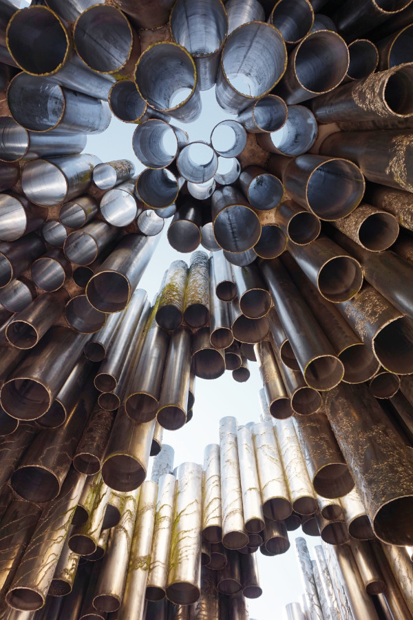 Sibelius Monument, Helsinki, Finland. Photo is taken from below, looking up through all the pipes in a really cool pattern.