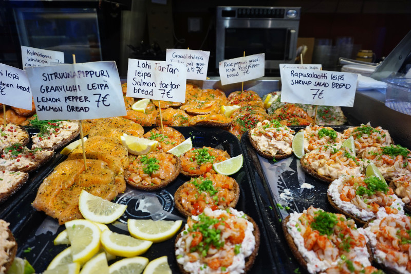 Seafood bread goodies at Vanha Kauppahalli market, Helsinki, Finland