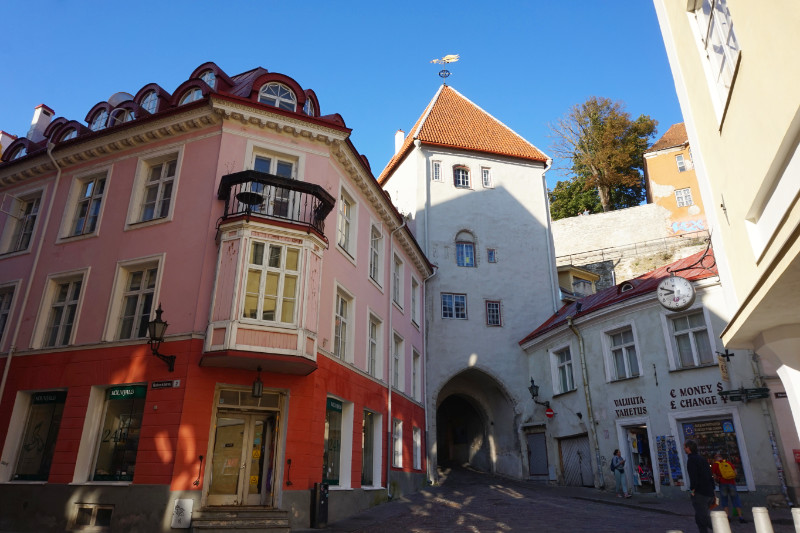 Old Town streets, Tallinn, Estonia. On the left is a pink building with the lower part a dark orange, and a red roof. In the middle is a tall white building with an archway that the road runs through. On the right are smaller white buildings. They are all joined together.