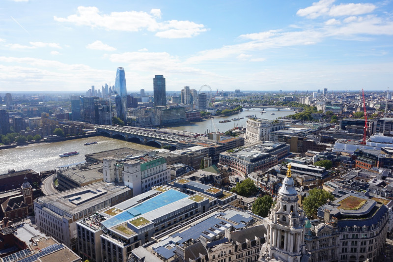 View from St Paul's to the west, London. Blackfriar's Bridge and the London Eye are both visible.