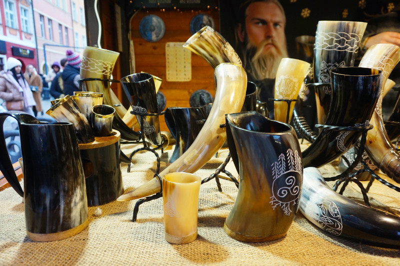 Viking drinking horns at the Christmas markets, Wroclaw, Poland