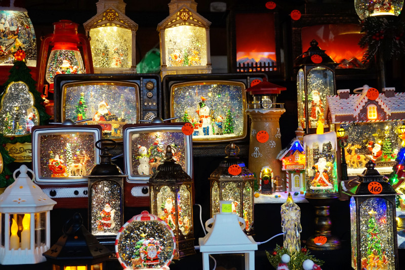 Snow globe stall at the Christmas markets, Wroclaw, Poland