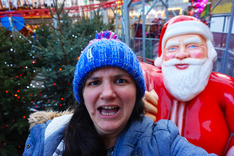 Selfie with Santa on the rollercoaster, Wroclaw, Poland. I look horrified and Santa looks like he's doing something he shouldn't to me.