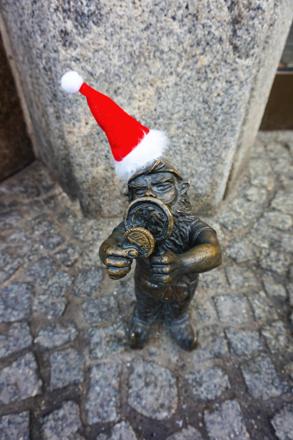 Dwarf statue with a Santa hat, Wroclaw, Poland