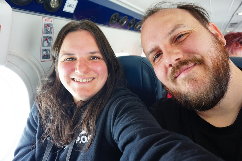 Ash & I on the Twin Otter Loganair plane to Barra, Scotland