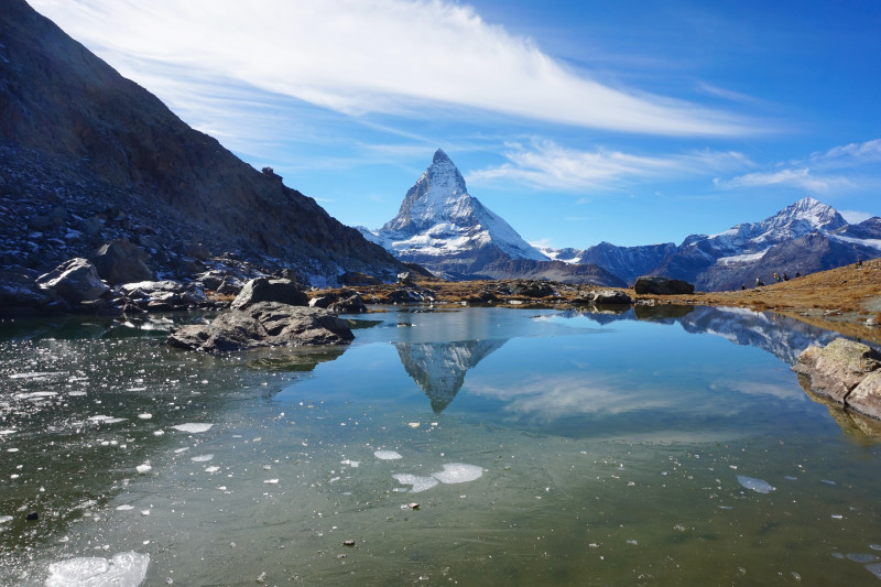 Smaller lake at Riffelsee with Matterhorn reflection, Zermatt, Switzerland