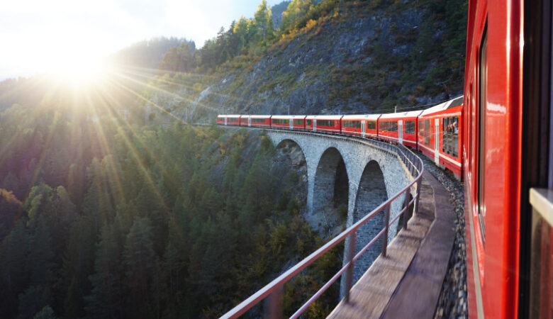 Train going over the Landwasser viaduct, Switzerland