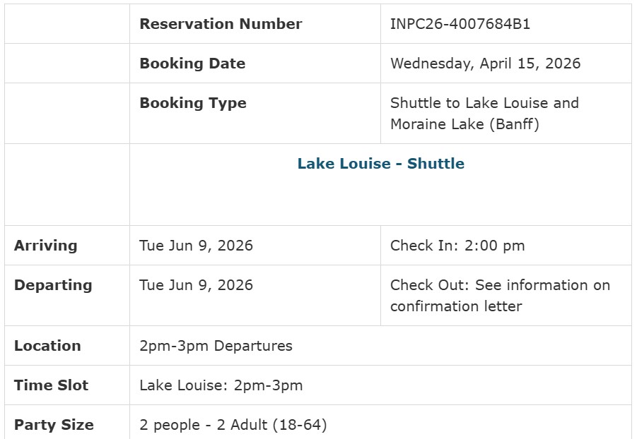 Parks Canada Lake Louise shuttle booking